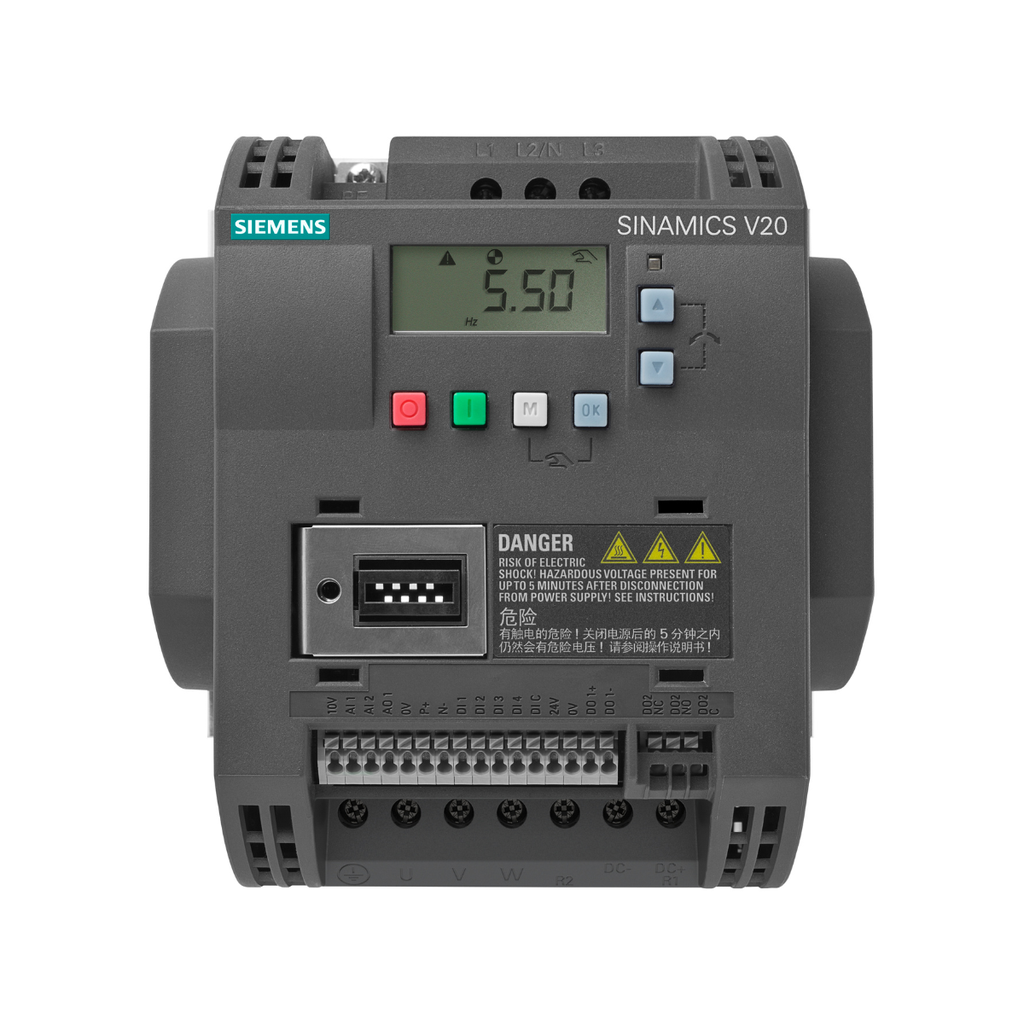 VARIADOR DE FRECUENCIA TRIFASICO SINAMICS V20 380-480 VAC, 1.5KW/2HP, 4 DI, 2 DO, 2 AI, 1 AO --SIEMENS